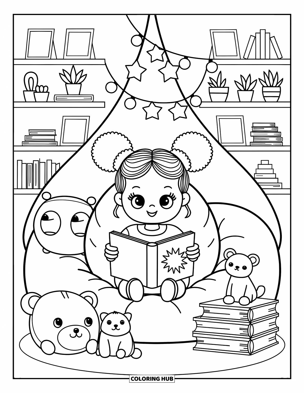 Desen de colorat cu o fată de culoare pentru adulți: Un colț de lectură confortabil cu luminițe, cărți de povești și perne pufoase