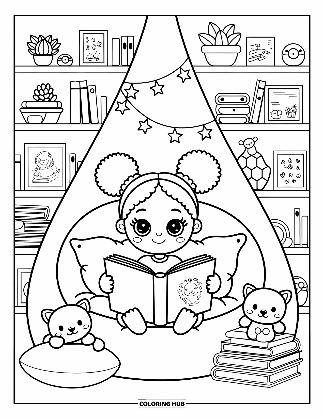 Desen de colorat cu o fată de culoare pentru adulți: Un spațiu confortabil cu o fată care citește sub luminițe și înconjurată de plușuri