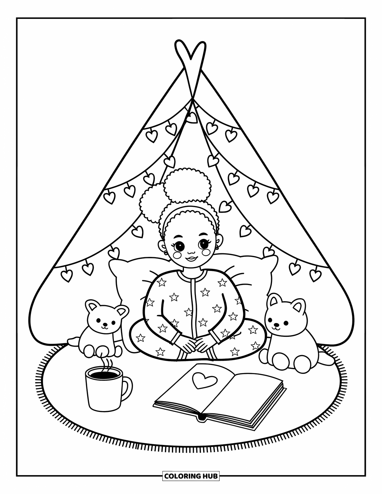Desen de colorat cu o fată de culoare pentru adulți: O scenă drăguță în interiorul unui fort de perne cu pijama cu stele, plușuri și cacao caldă