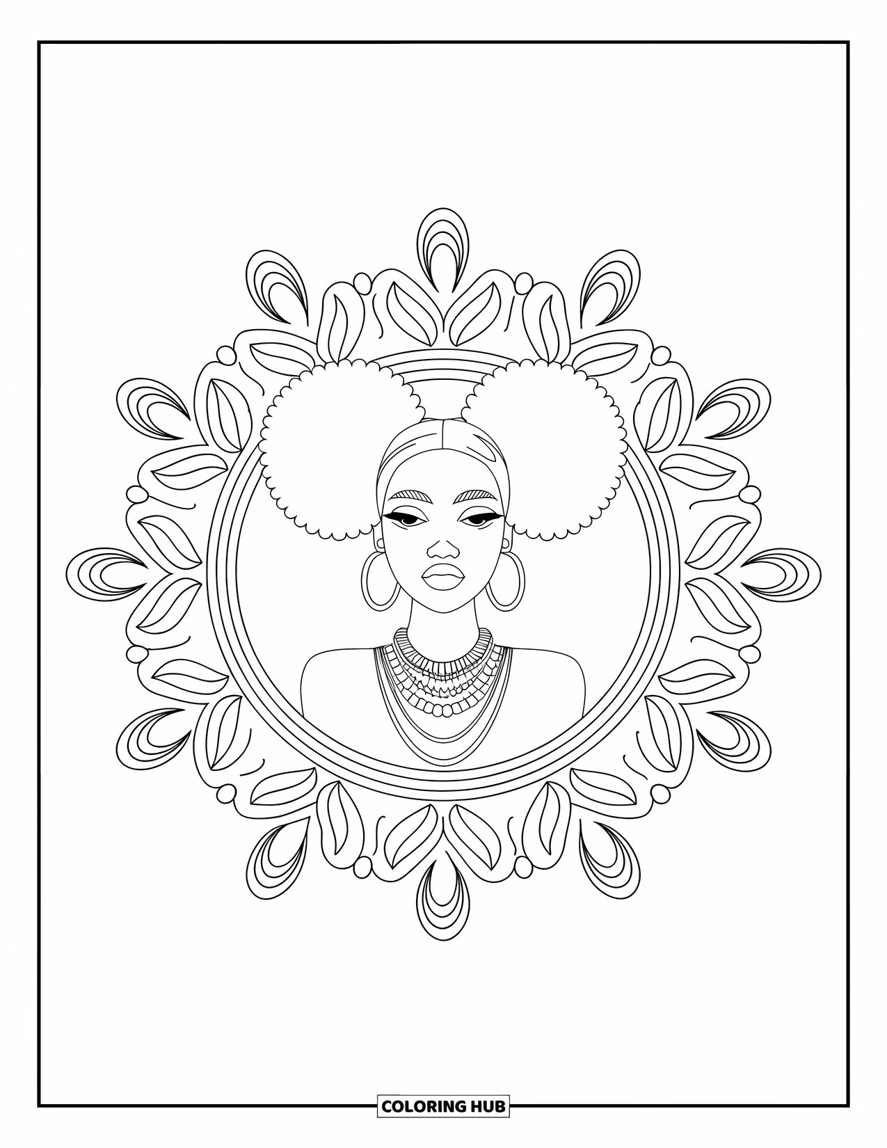 Desen de colorat cu o fată de culoare pentru adulți: O fată la modă cu codițe afro și coliere este încadrată de vârtejuri paisley mandala