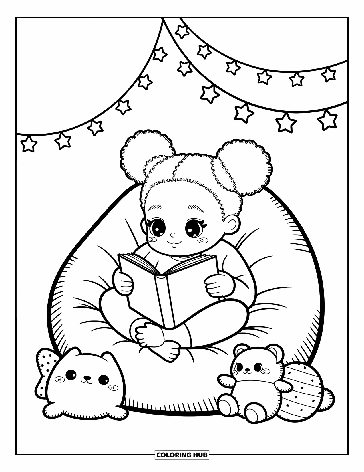 Desen de colorat cu o fată de culoare pentru adulți: O fată se ghemuiște într-un puf citind sub lumini în formă de stea