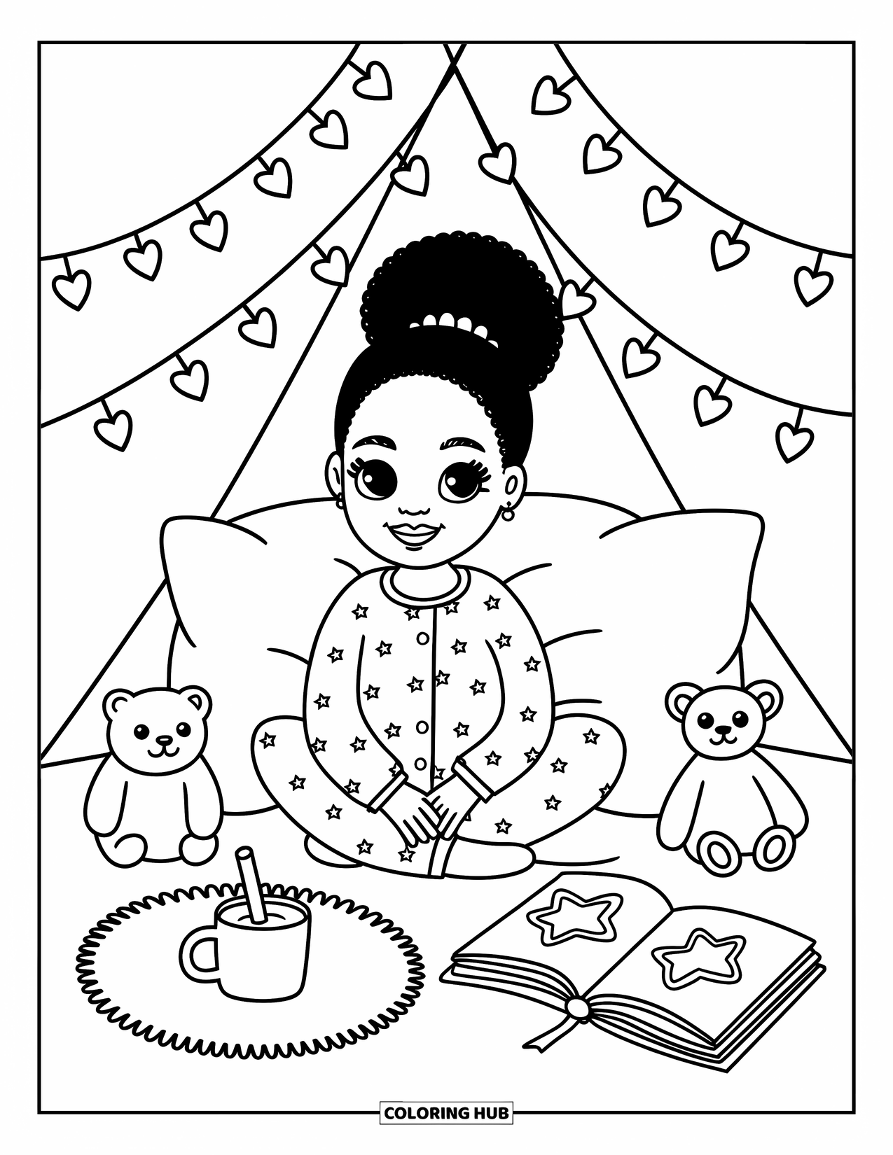 Desen de colorat cu o fată de culoare pentru adulți: O fată se relaxează într-un fort de perne cu cacao, plușuri și o carte de colorat