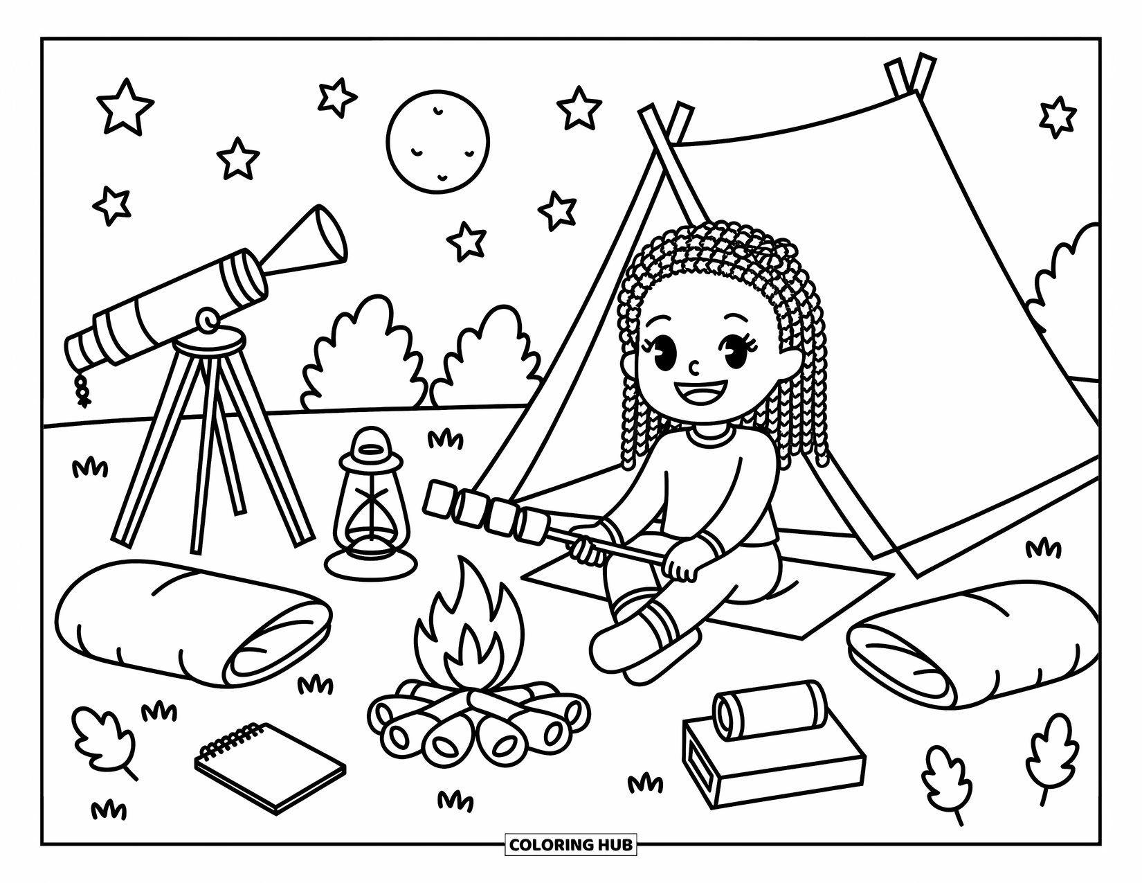 Desen de colorat cu o fată de culoare pentru adulți: O fată coace bezele lângă cortul ei cu un telescop și un bloc de schițe în apropiere