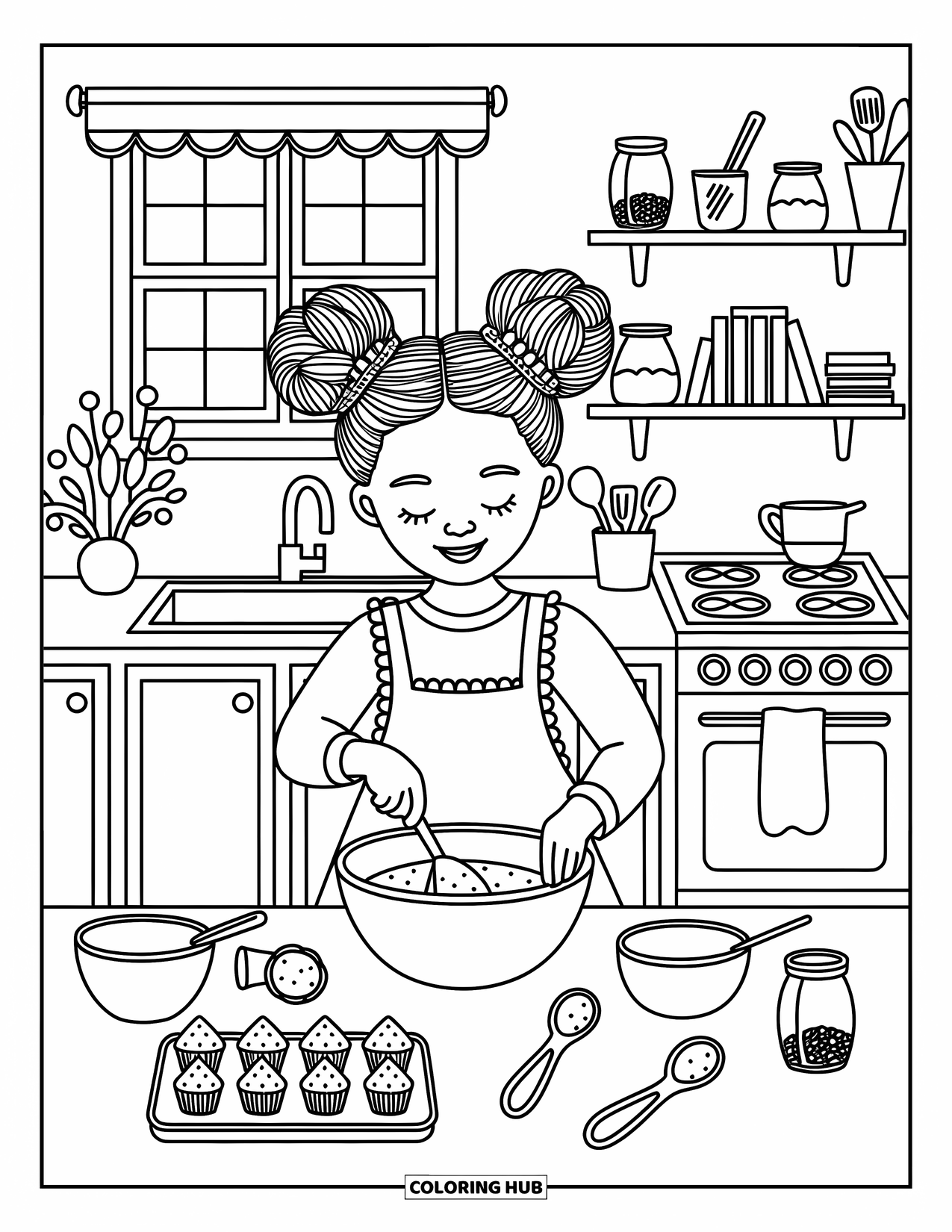Desen de colorat cu o fată de culoare pentru adulți: O fată amestecă aluat de brioșe într-o bucătărie însorită, plină de unelte confortabile de copt