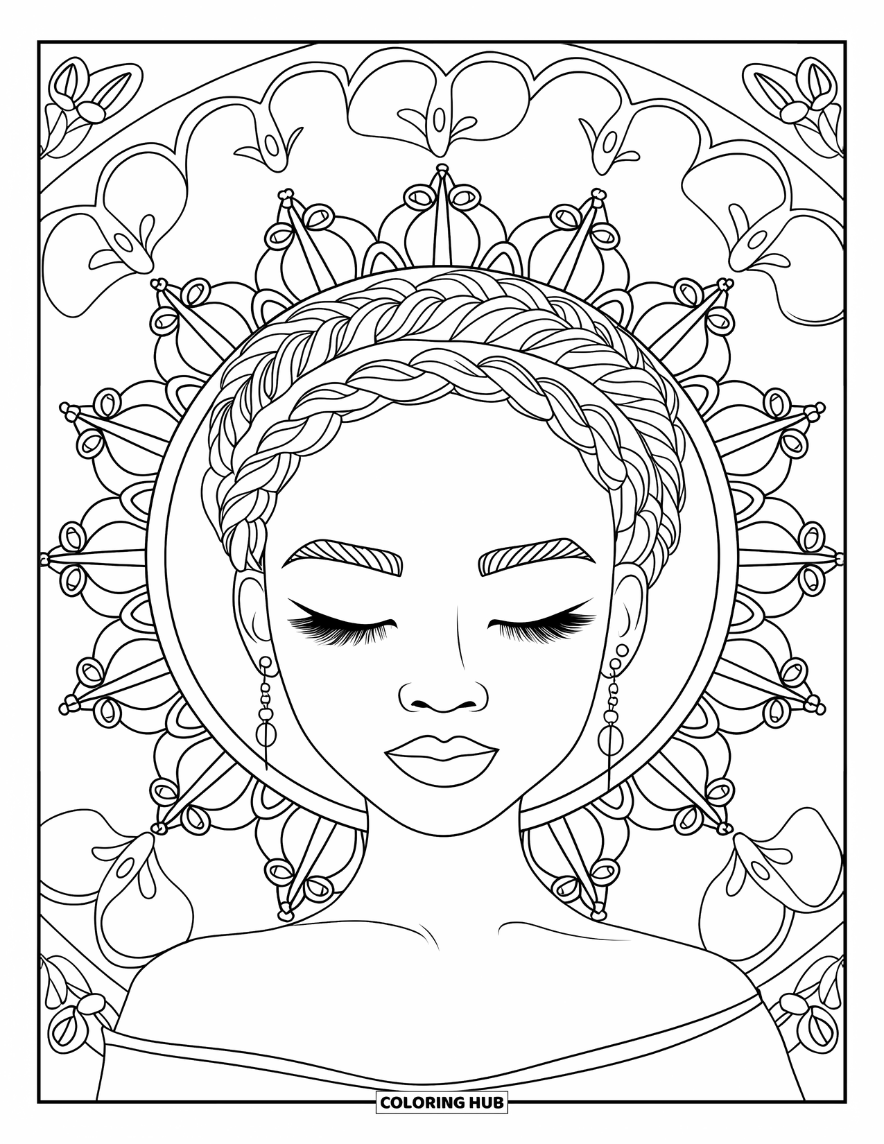 Desen de colorat cu o fată de culoare pentru adulți: O fată cu o coroană împletită și cercei se odihnește, cu mandale florale în spate