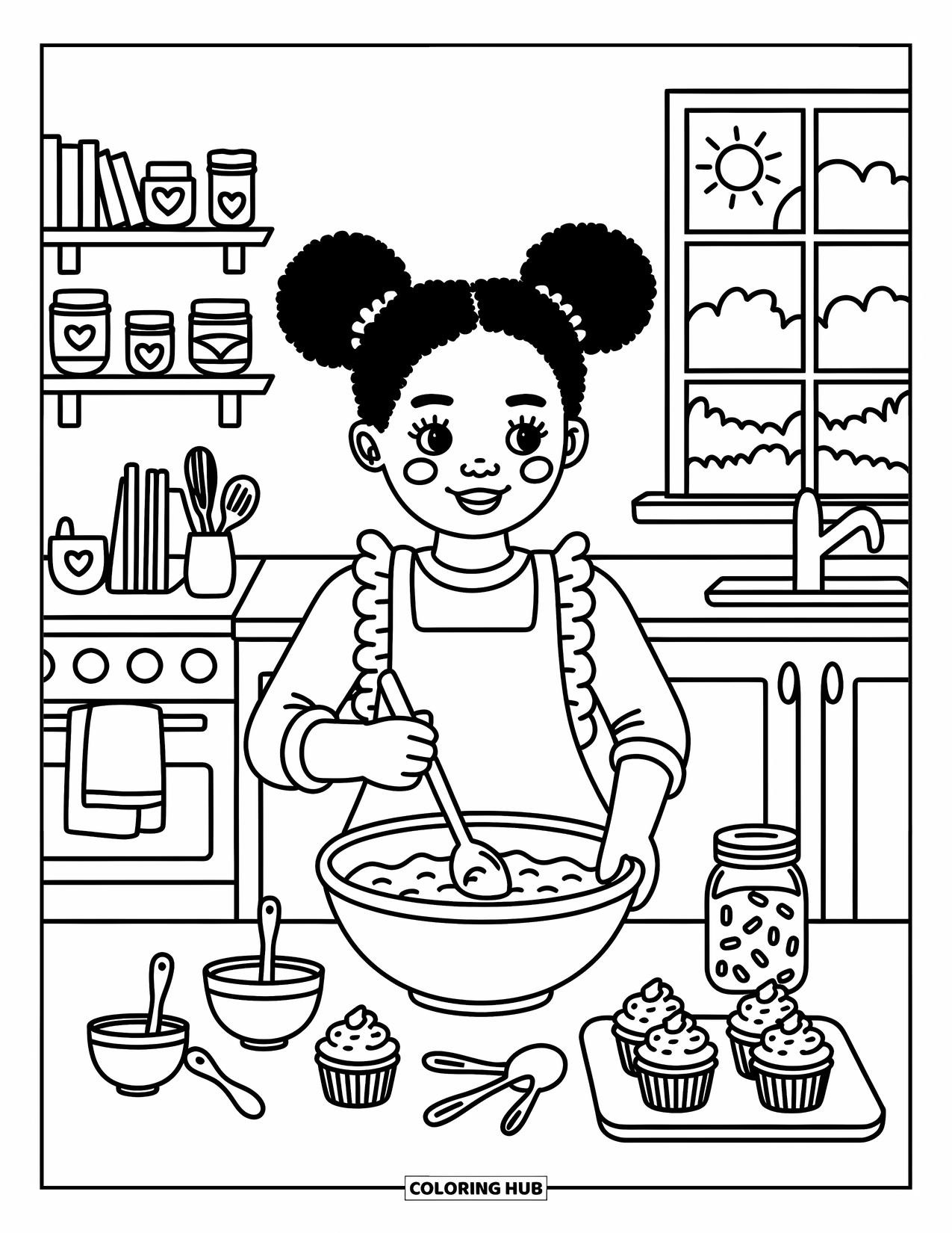 Desen de colorat cu o fată de culoare pentru adulți: O brutăreasă fericită amestecă amestecul de brioșe într-o bucătărie luminoasă și confortabilă, cu ustensile mici