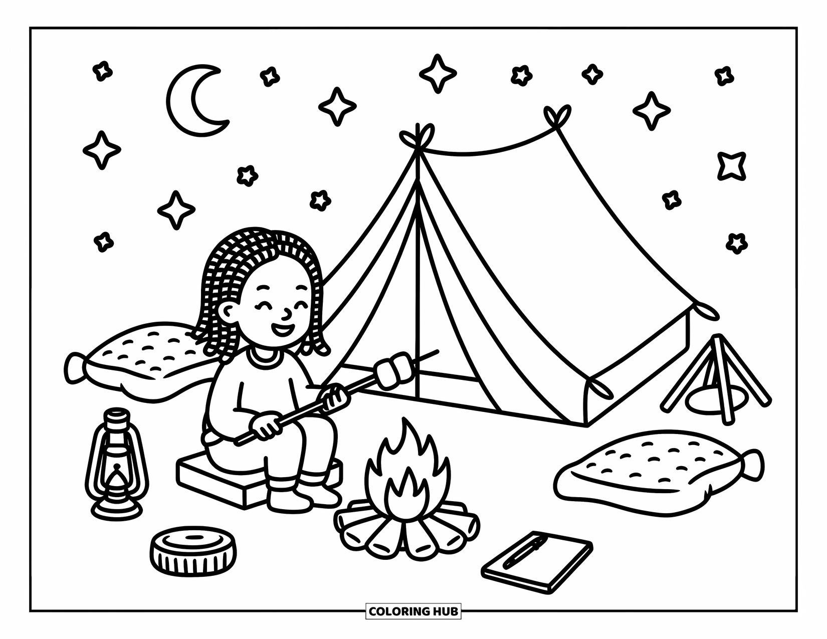 Desen de colorat cu o fată de culoare pentru adulți: O fată fericită se bucură de bezele în afara cortului ei sub cerul înstelat