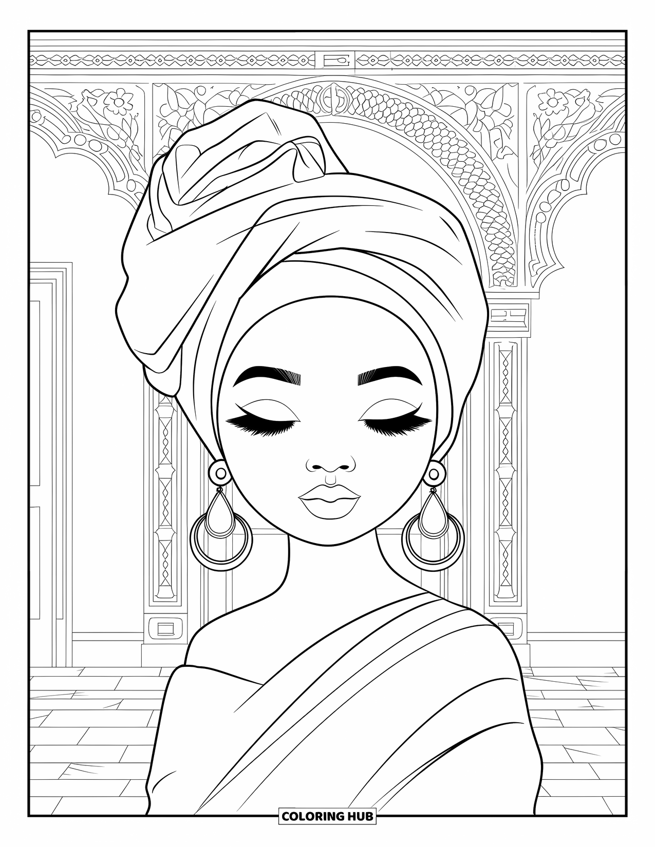 Desen de colorat cu o fată de culoare pentru adulți: O fată veselă cu o eșarfă pe cap stă într-o cameră cu plăci florale complicate