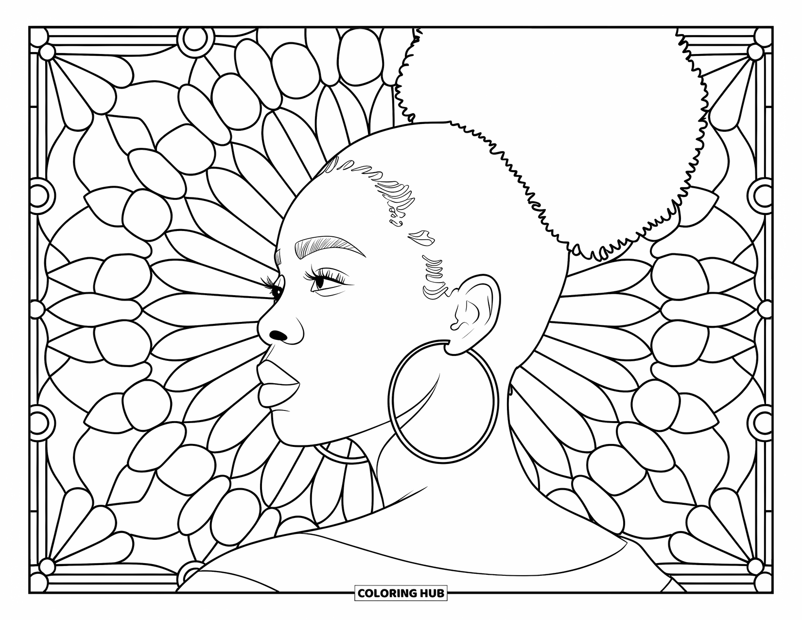 Desen de colorat cu o fată de culoare pentru adulți: O femeie pașnică, cu păr afro, privește spre stânga, pe fundalul unor modele complicate de vitralii