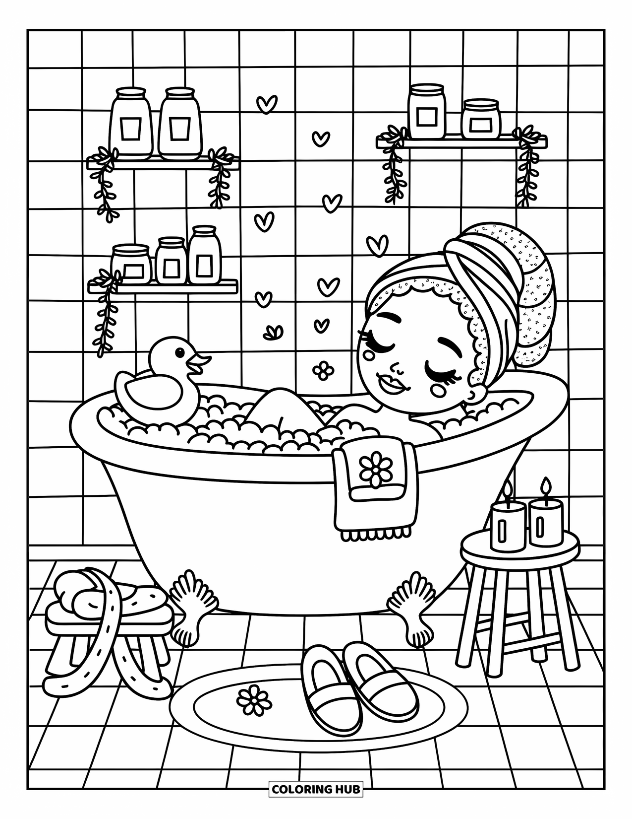 Desen de colorat cu o fată de culoare pentru adulți: O scenă liniștită de baie cu bule, petale și o rață de cauciuc plutitoare