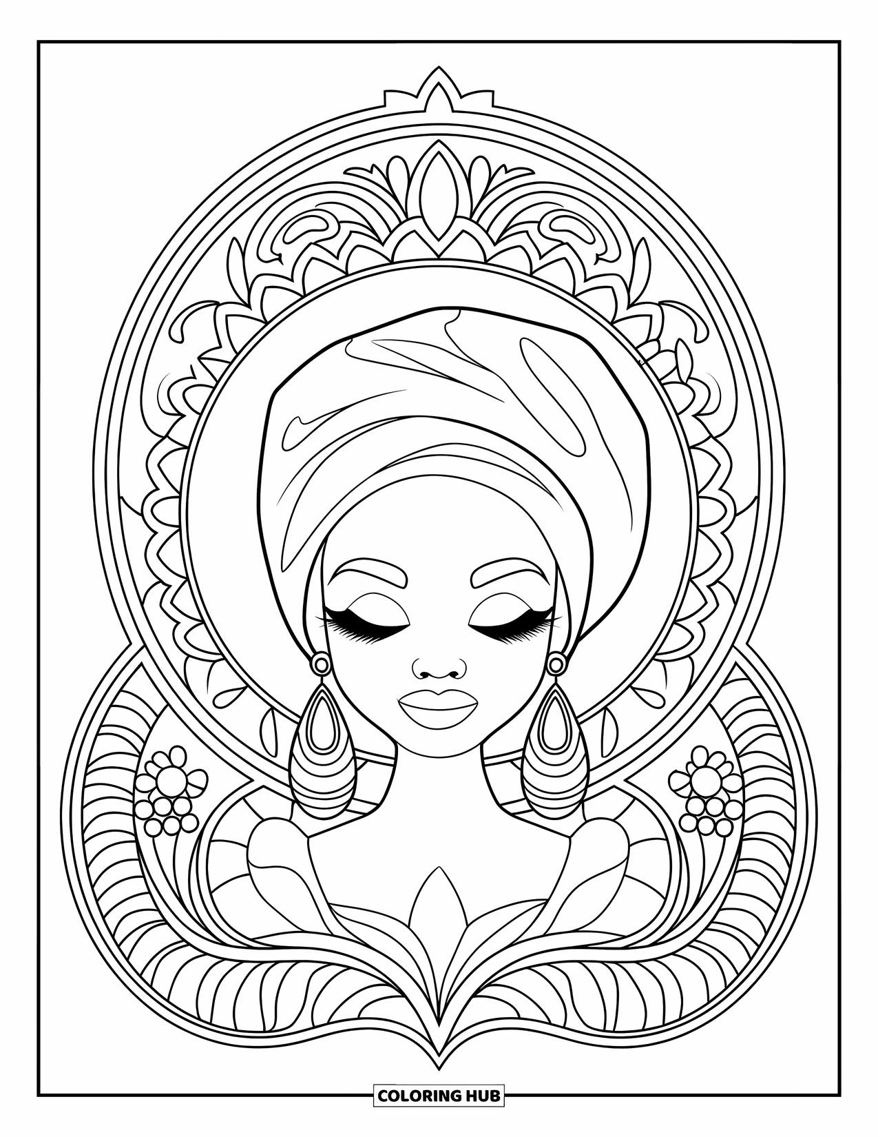 Desen de colorat cu o fată de culoare pentru adulți: O fată pașnică cu o eșarfă pe cap este înconjurată de mandale florale și modele elegante