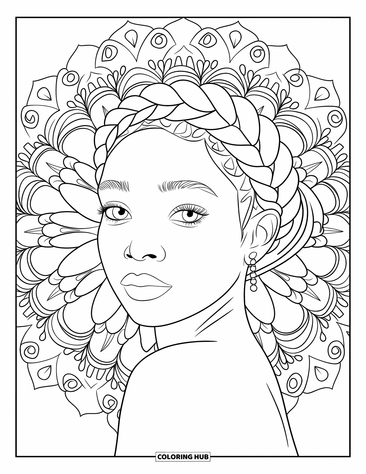 Desen de colorat cu o fată de culoare pentru adulți: O fată pașnică cu o coroană împletită este înconjurată de vițe moi mandala