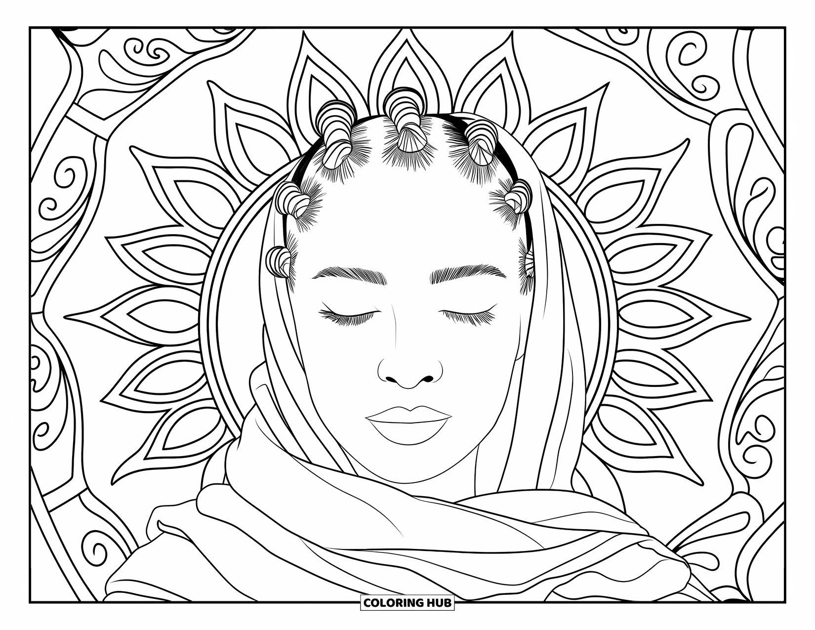 Desen de colorat cu o fată de culoare pentru adulți: O femeie pașnică cu cocuri bantu și o eșarfă pe cap se odihnește cu ochii închiși printre suluri ornamentate