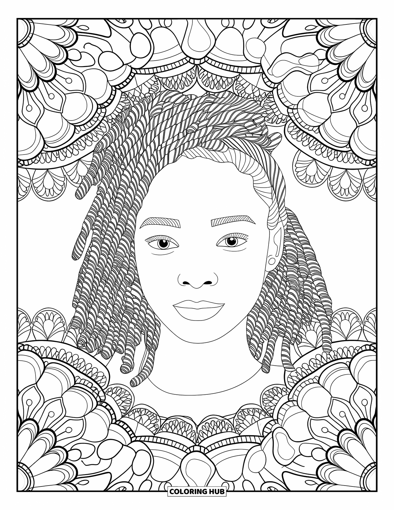 Desen de colorat cu o fată de culoare pentru adulți: O fată senină cu bucle răsucite se odihnește în dantelă mandala stratificată