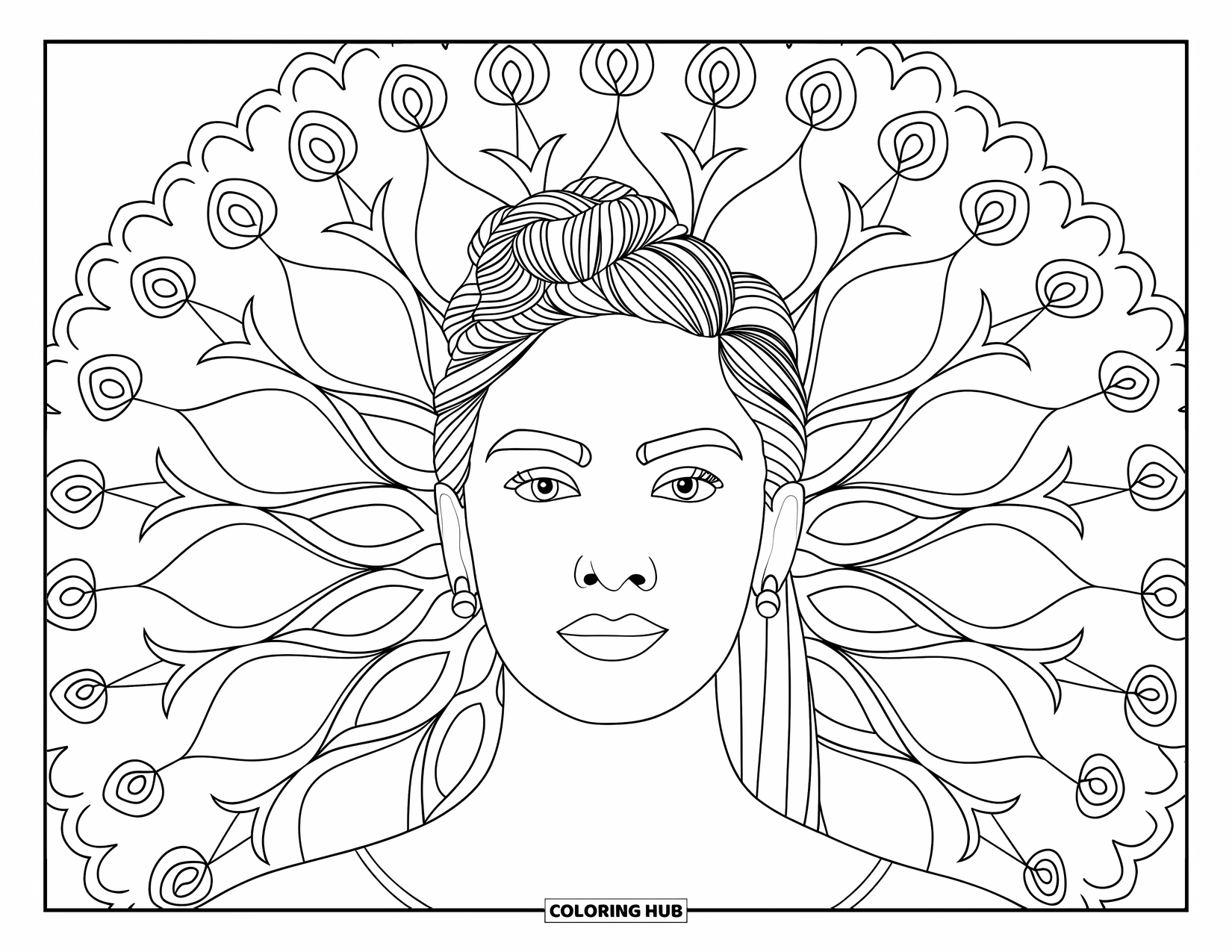 Desen de colorat cu o fată de culoare pentru adulți: O femeie senină, cu cocuri bantu și cercei, este încadrată de modele detaliate de lotus și volute