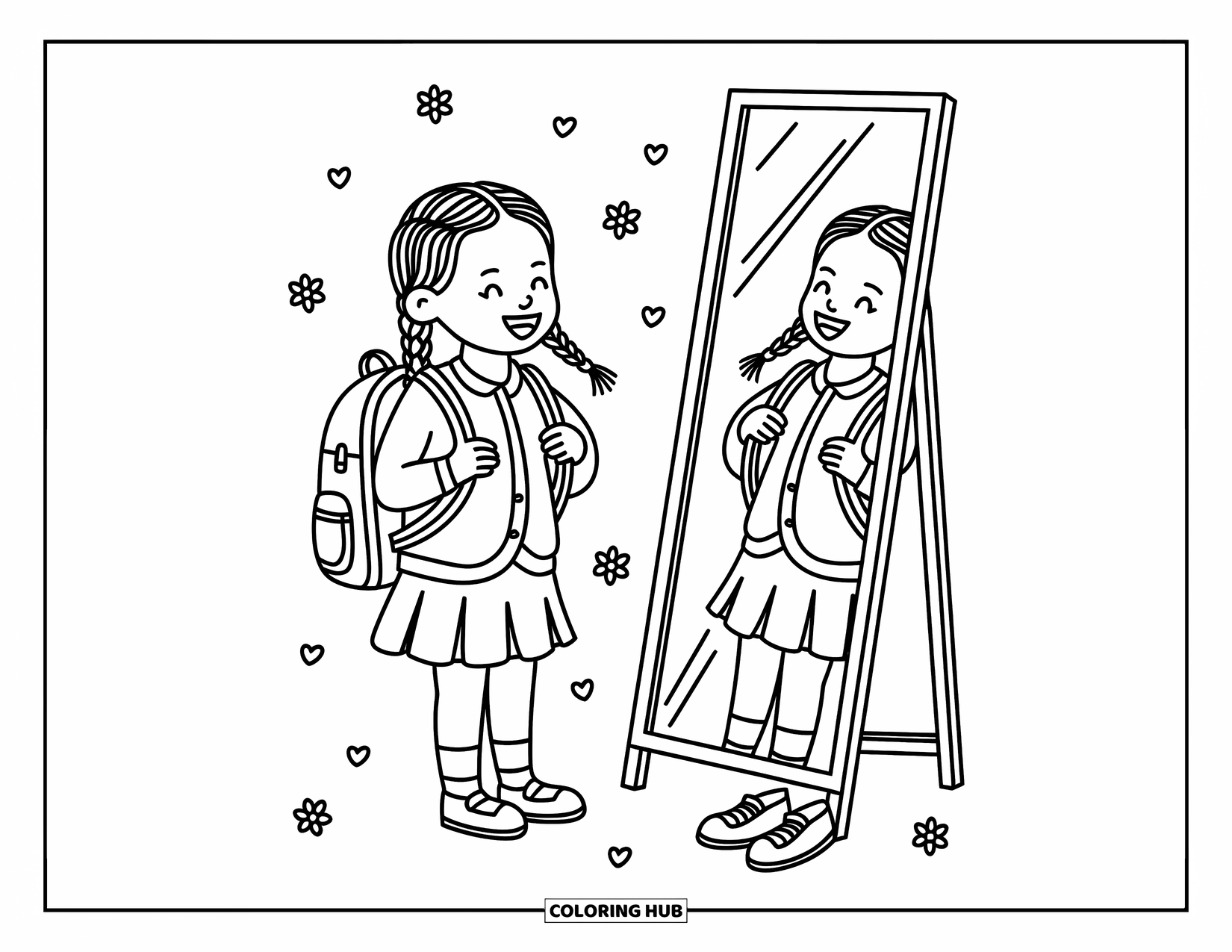 Desen de colorat cu o fată de culoare pentru adulți: O fată zâmbitoare stă lângă o oglindă ajustându-și rucsacul într-o cameră confortabilă