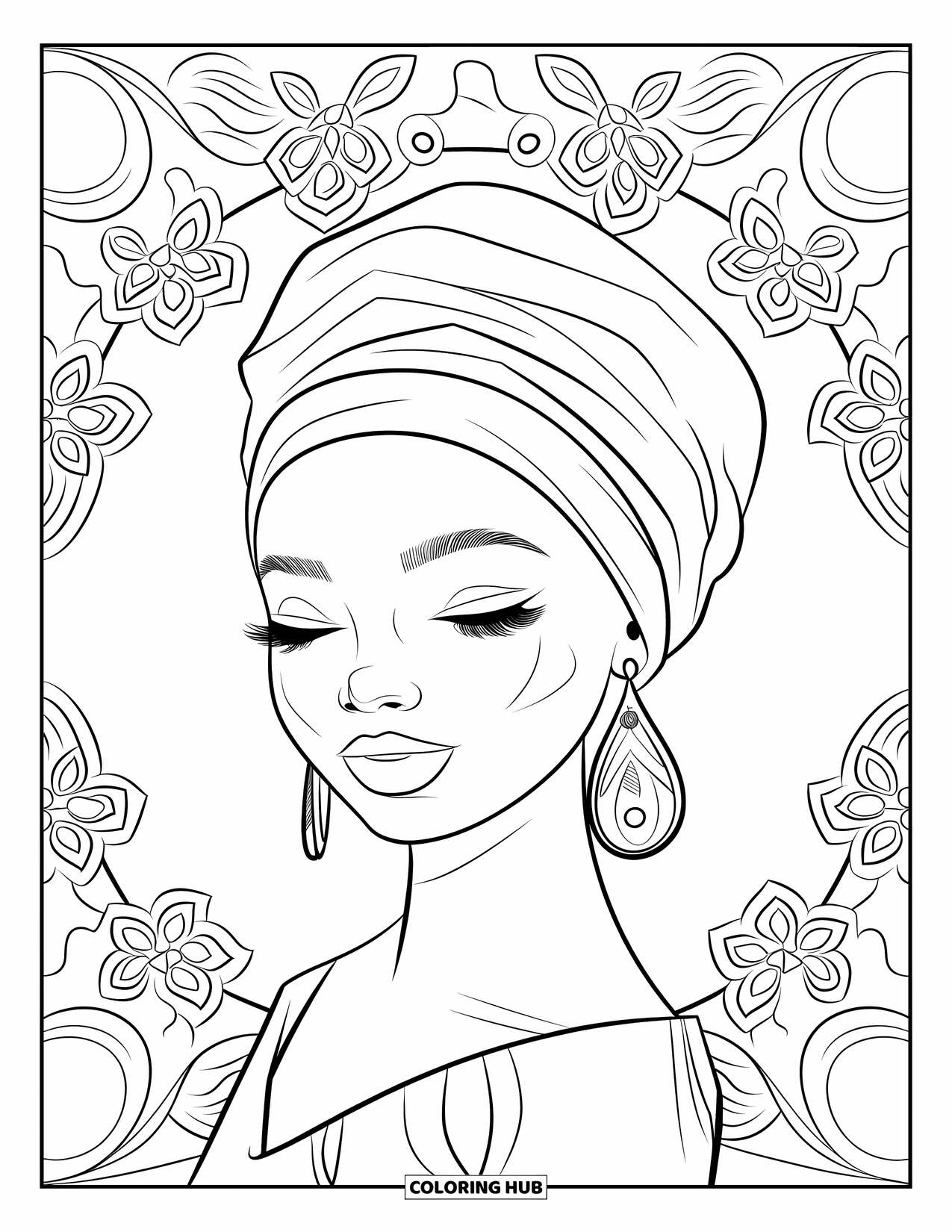 Desen de colorat cu o fată de culoare pentru adulți: O fată zâmbitoare cu o eșarfă pe cap și cercei strălucește în mijlocul unor modele geometrice florale