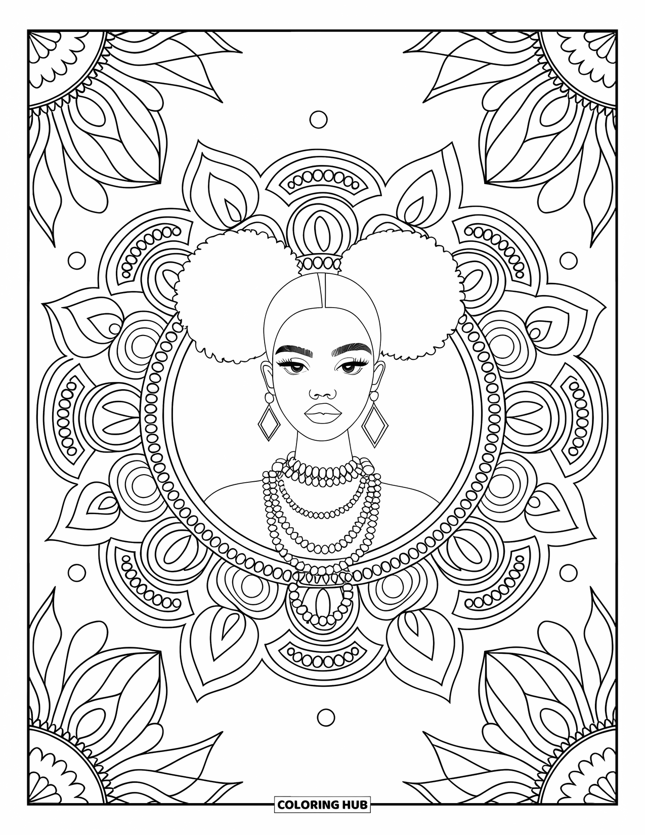 Desen de colorat cu o fată de culoare pentru adulți: O fată elegantă cu codițe afro și coliere este centrată în motive complicate mandala
