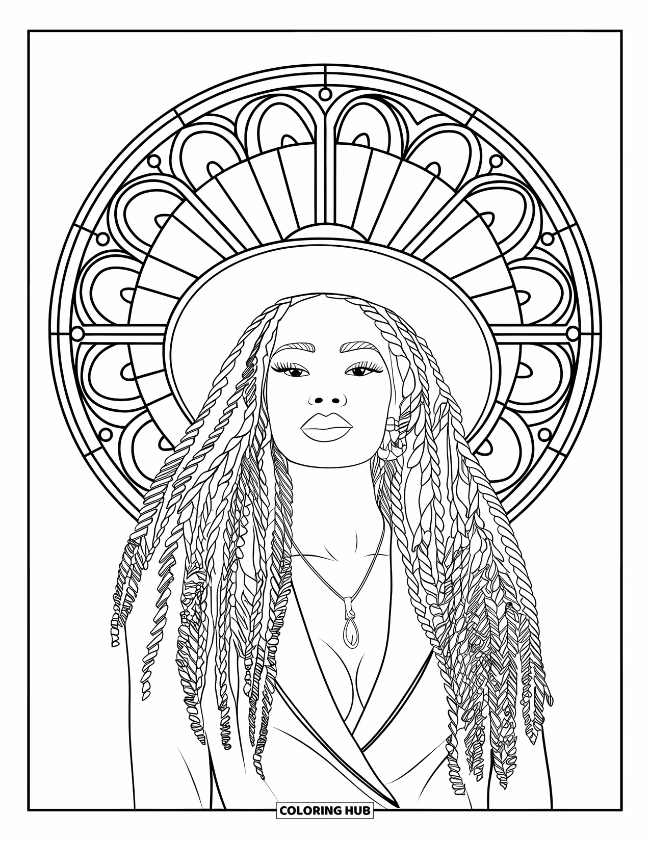 Desen de colorat cu o fată de culoare pentru adulți: O femeie elegantă cu bucle și un colier este încadrată de un halou radiant de vitralii