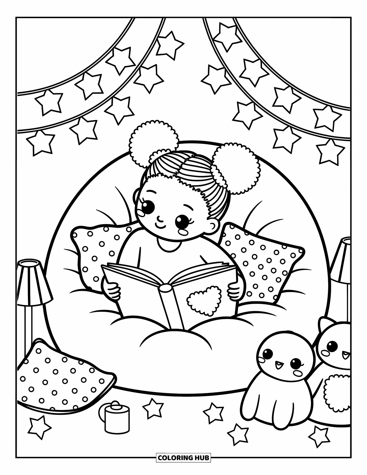 Desen de colorat cu o fată de culoare pentru adulți: O scenă dulce cu o fată ghemuită cu o carte și plușuri sub luminițe