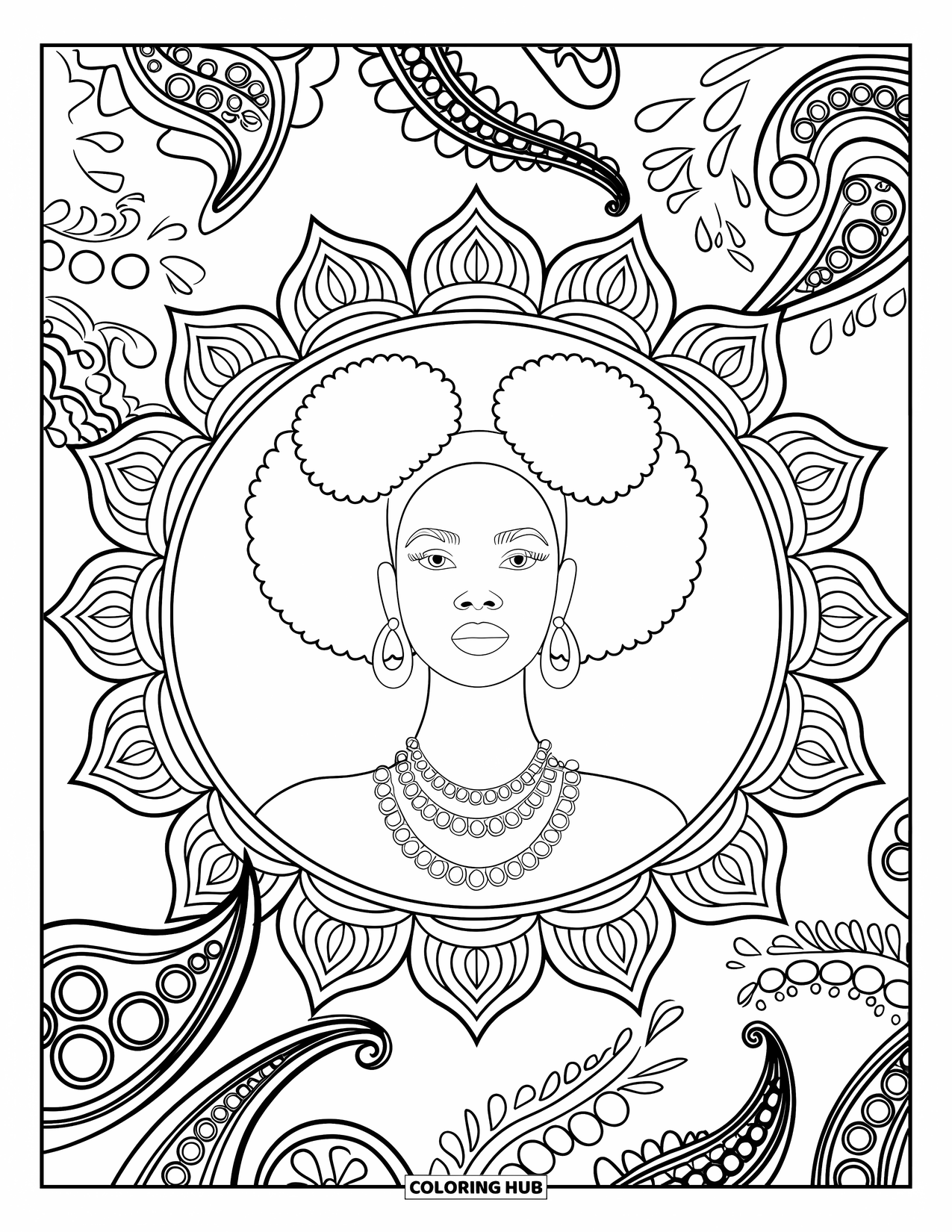 Desen de colorat cu o fată de culoare pentru adulți: O fată la modă cu codițe afro strălucește pe un fundal spiralat paisley mandala