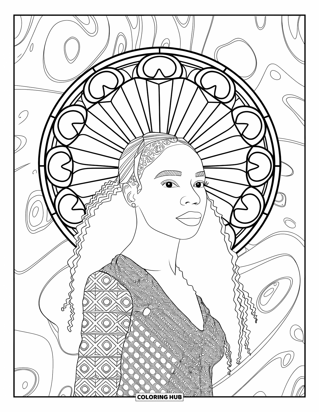 Desen de colorat cu o fată de culoare pentru adulți: O femeie într-o rochie cu model stă în fața unui vitraliu cu explozie solară