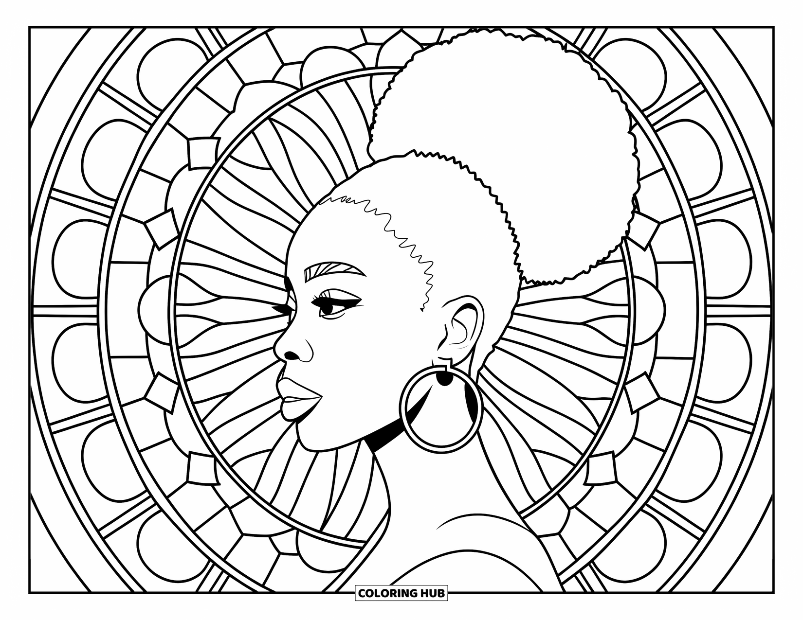 Desen de colorat cu o fată de culoare pentru adulți: O femeie din profil cu coc afro și cercei rotunzi se odihnește în fața unui vitraliu cu model