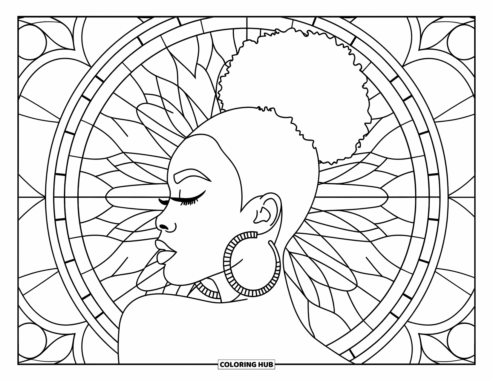 Desen de colorat cu o fată de culoare pentru adulți: O femeie cu un coc afro și cercei rotunzi se odihnește din profil lângă modele de vitralii