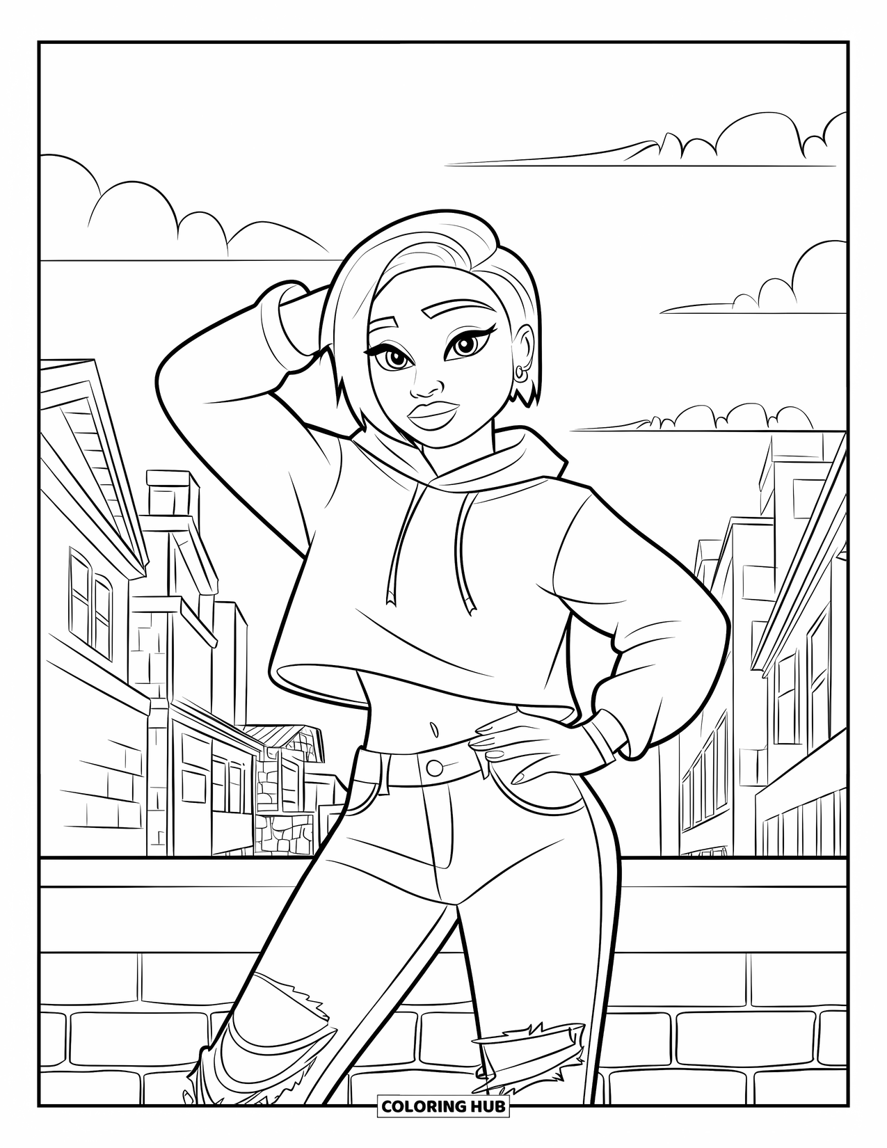 Desen de colorat cu o fată de culoare pentru copii: O adolescentă îndrăzneață pozează într-un hanorac și blugi cu clădiri ale orașului în spate