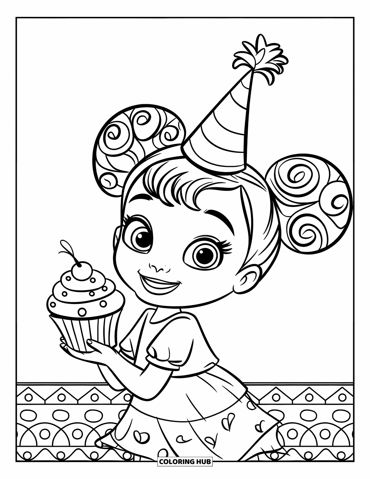 Desen de colorat cu o fată de culoare pentru copii: O fată veselă cu o brioșă stă pe un fundal distractiv și simplu