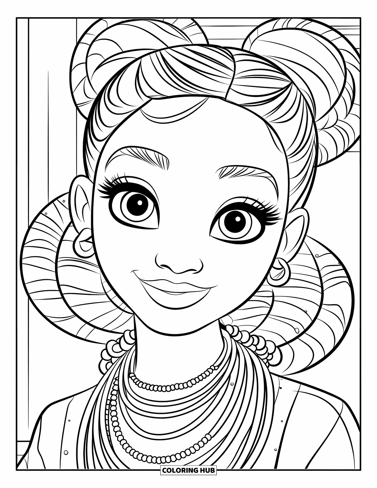 Desen de colorat cu o fată de culoare pentru copii: O fată veselă cu cocuri bantu și coliere stratificate zâmbește cu ochi strălucitori