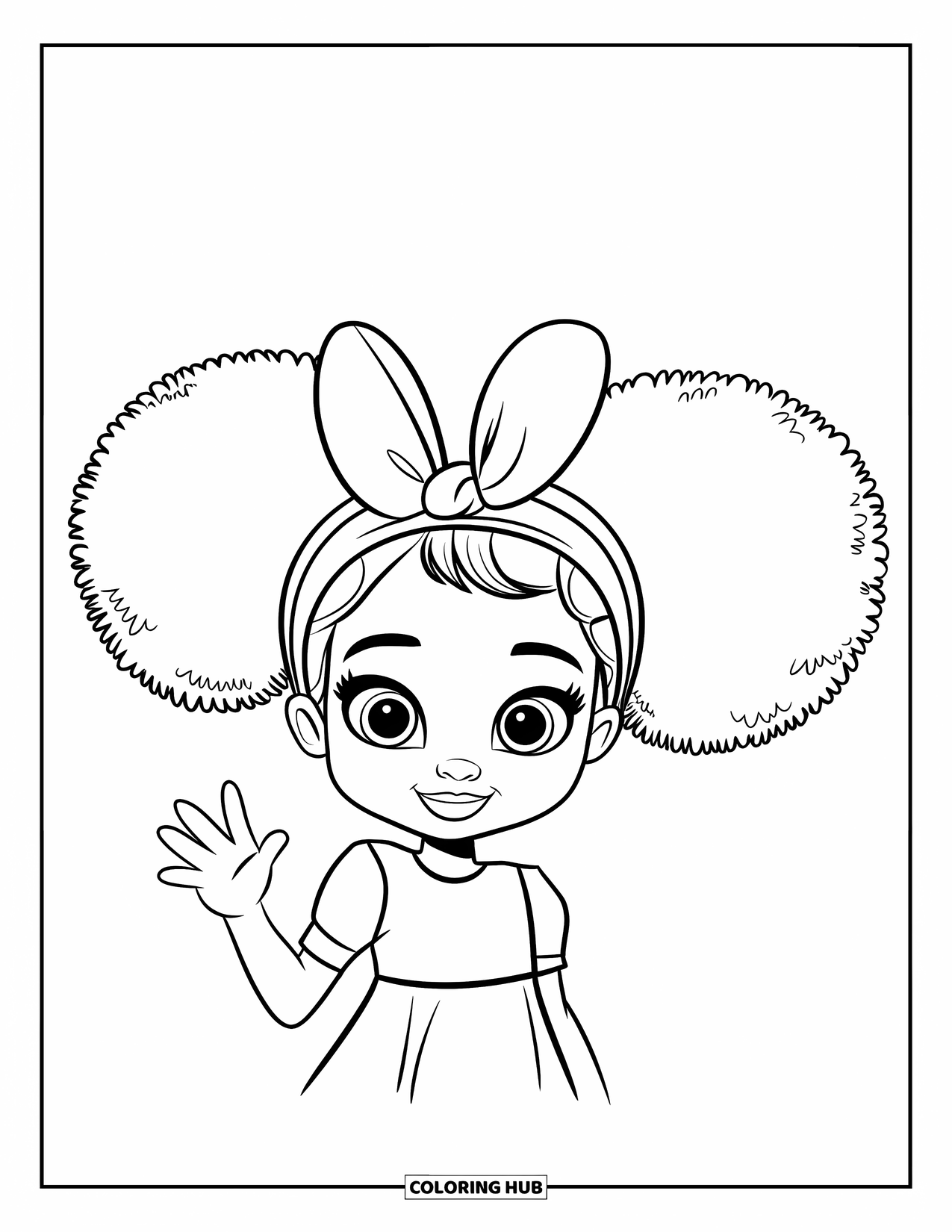 Desen de colorat cu o fată de culoare pentru copii: O fată veselă cu codițe afro mari face cu mâna cu un zâmbet larg