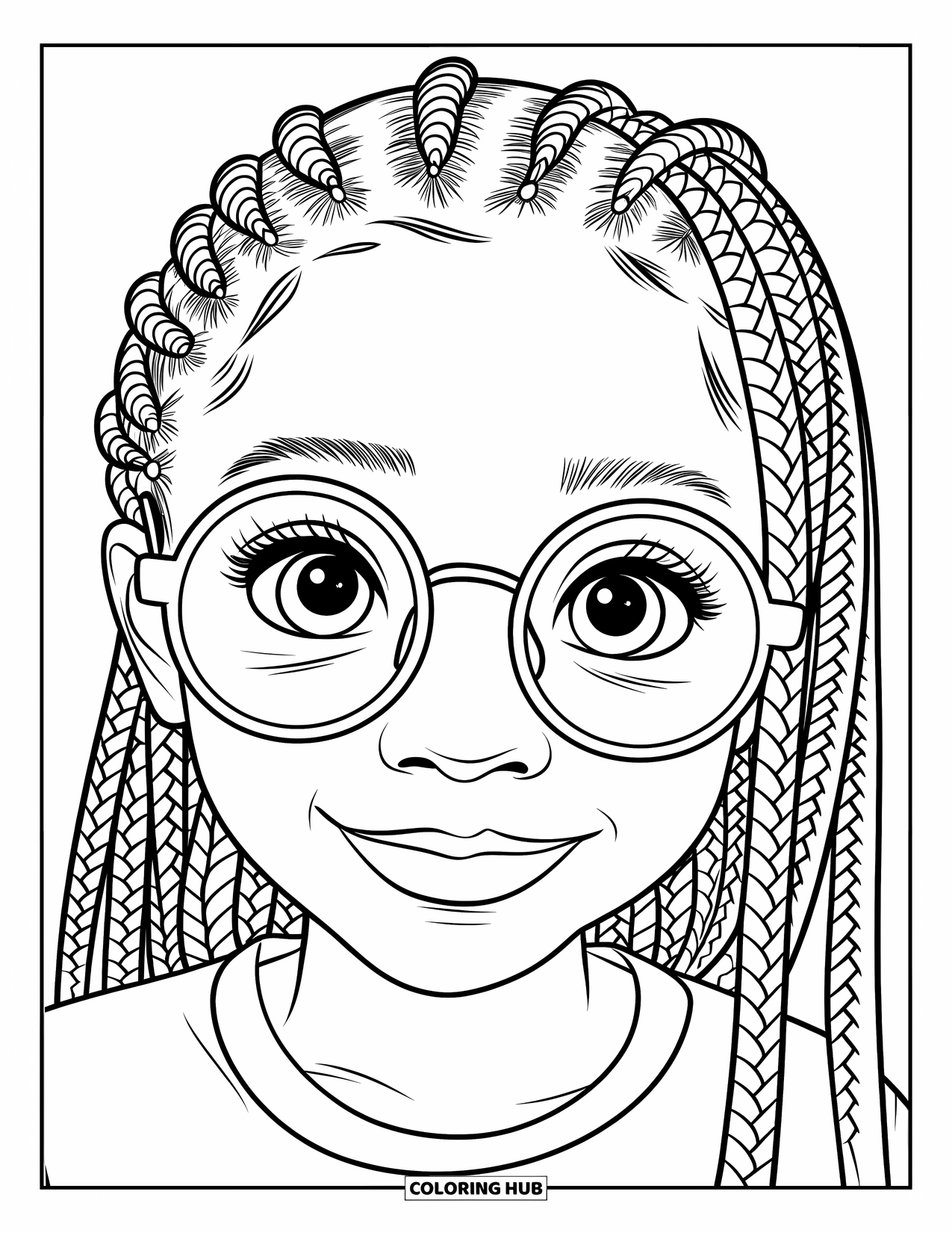 Desen de colorat cu o fată de culoare pentru copii: O fată veselă cu împletituri și ochelari zâmbește într-un prim-plan curat