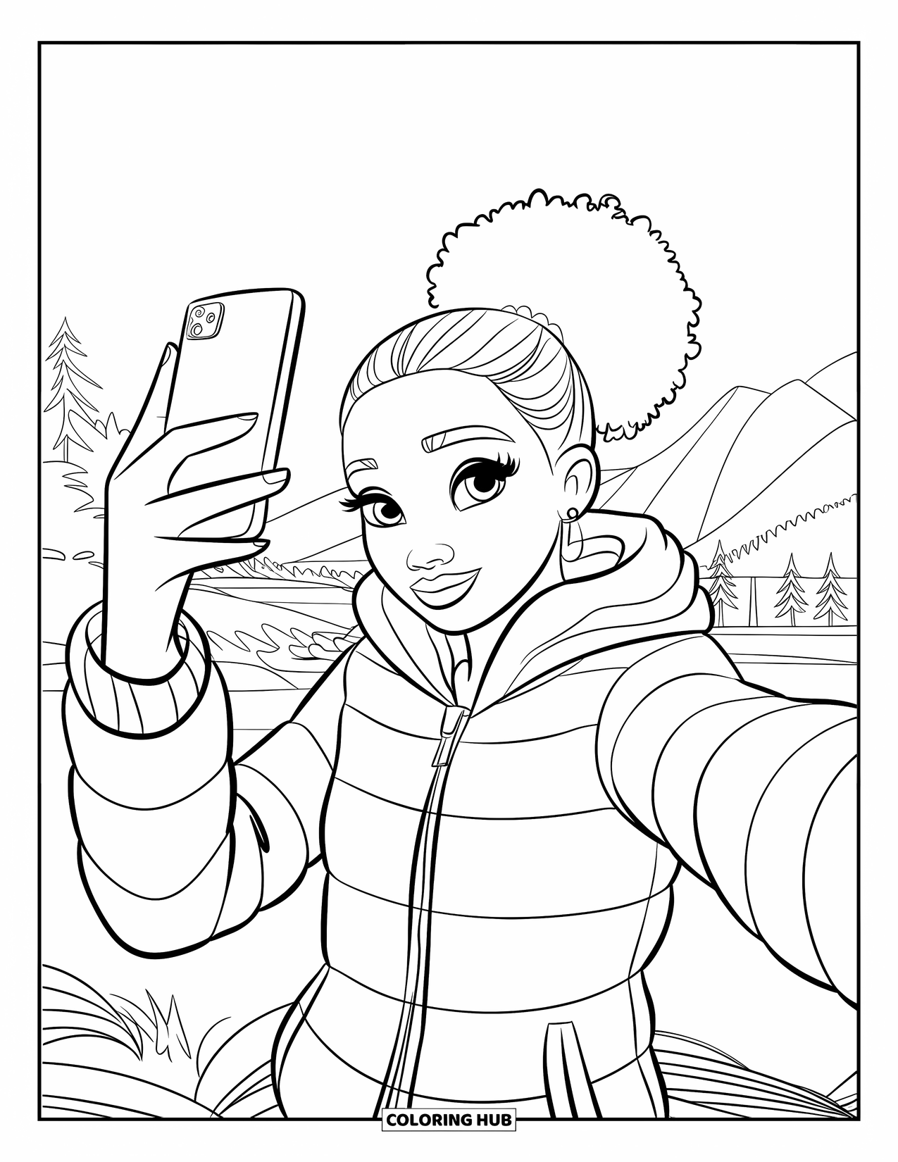Desen de colorat cu o fată de culoare pentru copii: O adolescentă veselă într-o jachetă puffer face un selfie lângă natură