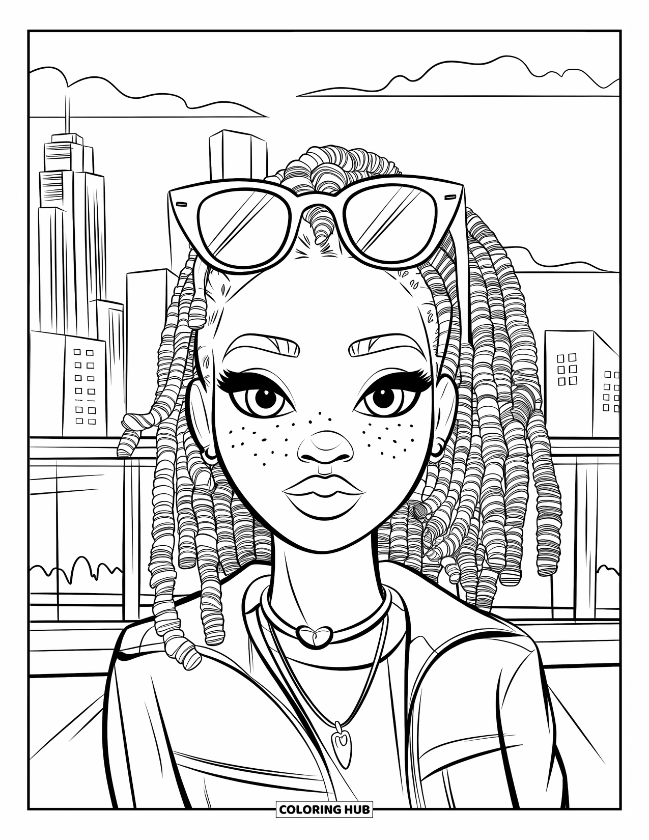Desen de colorat cu o fată de culoare pentru copii: O adolescentă cool cu dreaduri false pozează în fața unui orizont modern