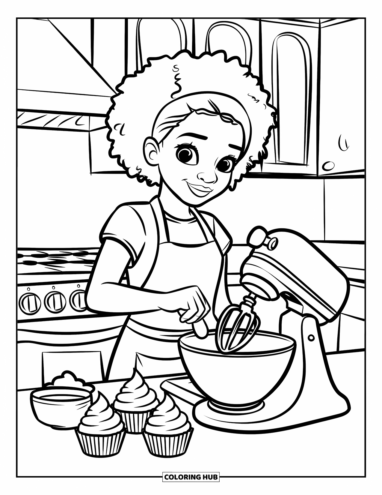 Desen de colorat cu o fată de culoare pentru copii: O brutăreasă cu părul creț pregătește brioșe lângă o sobă și un blat