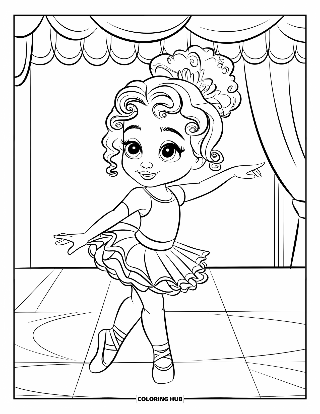 Desen de colorat cu o fată de culoare pentru copii: O balerină cu părul creț dansează vesel cu linii simple de fundal