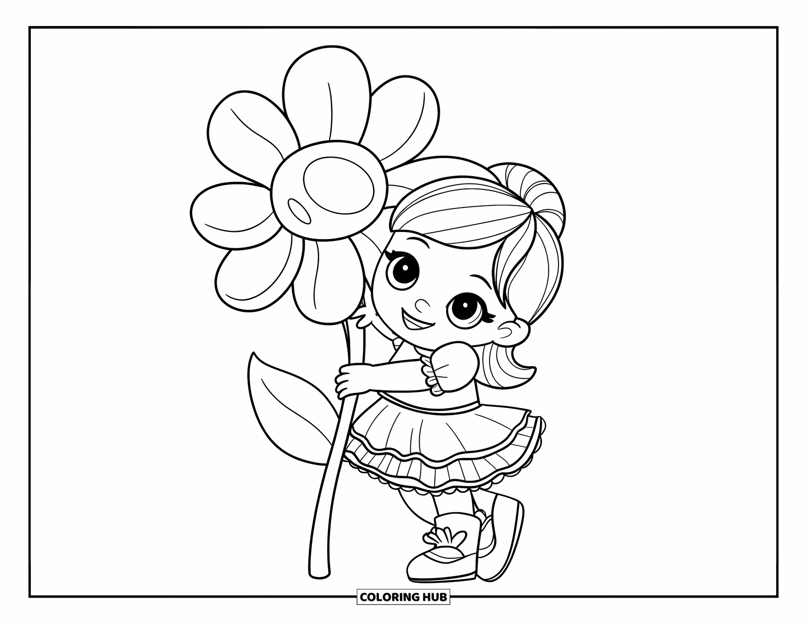 Desen de colorat cu o fată de culoare pentru copii: O fată drăguță într-o rochie îmbrățișează o floare mare cu bucurie