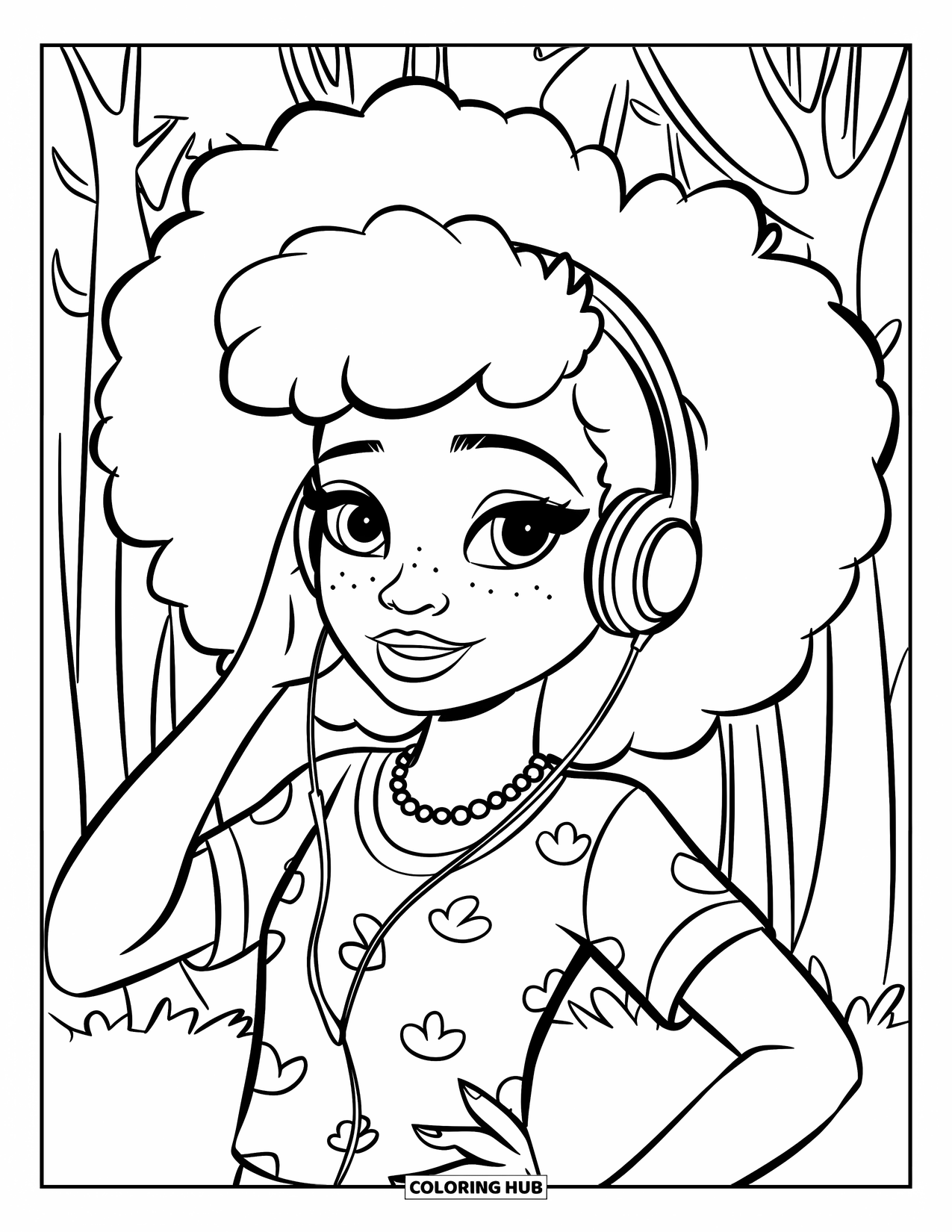 Desen de colorat cu o fată de culoare pentru copii: O fată dansatoare cu afro și căști se mișcă lângă copaci siluetați