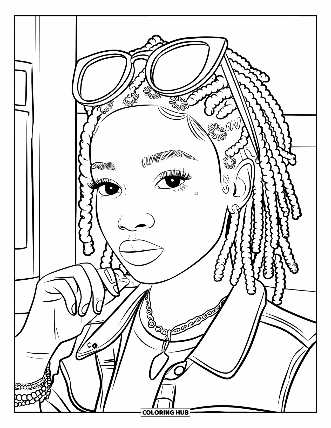 Desen de colorat cu o fată de culoare pentru copii: O adolescentă la modă cu dreaduri false și bijuterii pozează pe un fundal curat