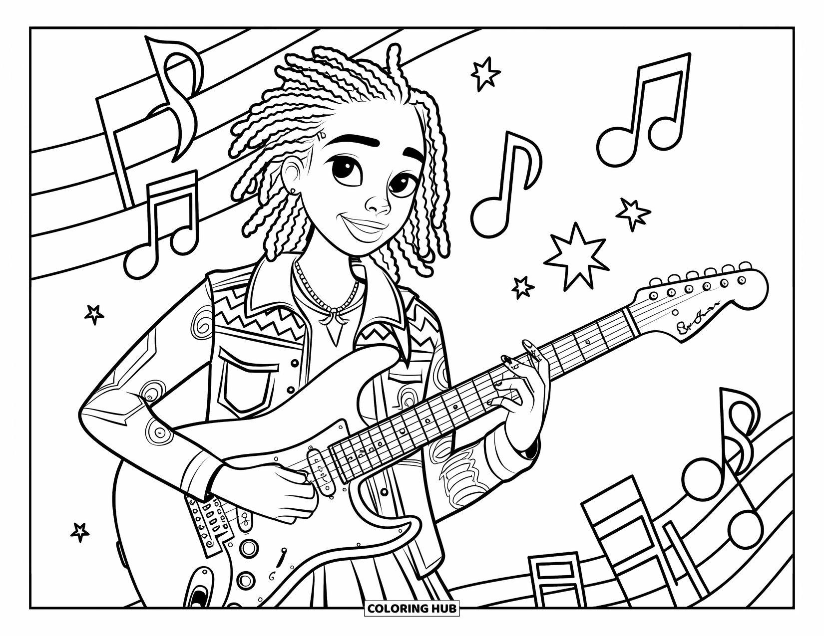 Desen de colorat cu o fată de culoare pentru copii: O fată iubitoare de distracție cântă la chitară electrică cu note muzicale și stele