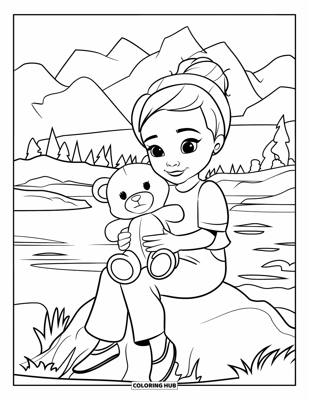 Desen de colorat cu o fată de culoare pentru copii: O fată blândă stă pe o stâncă, îmbrățișând ursulețul de pluș lângă munți