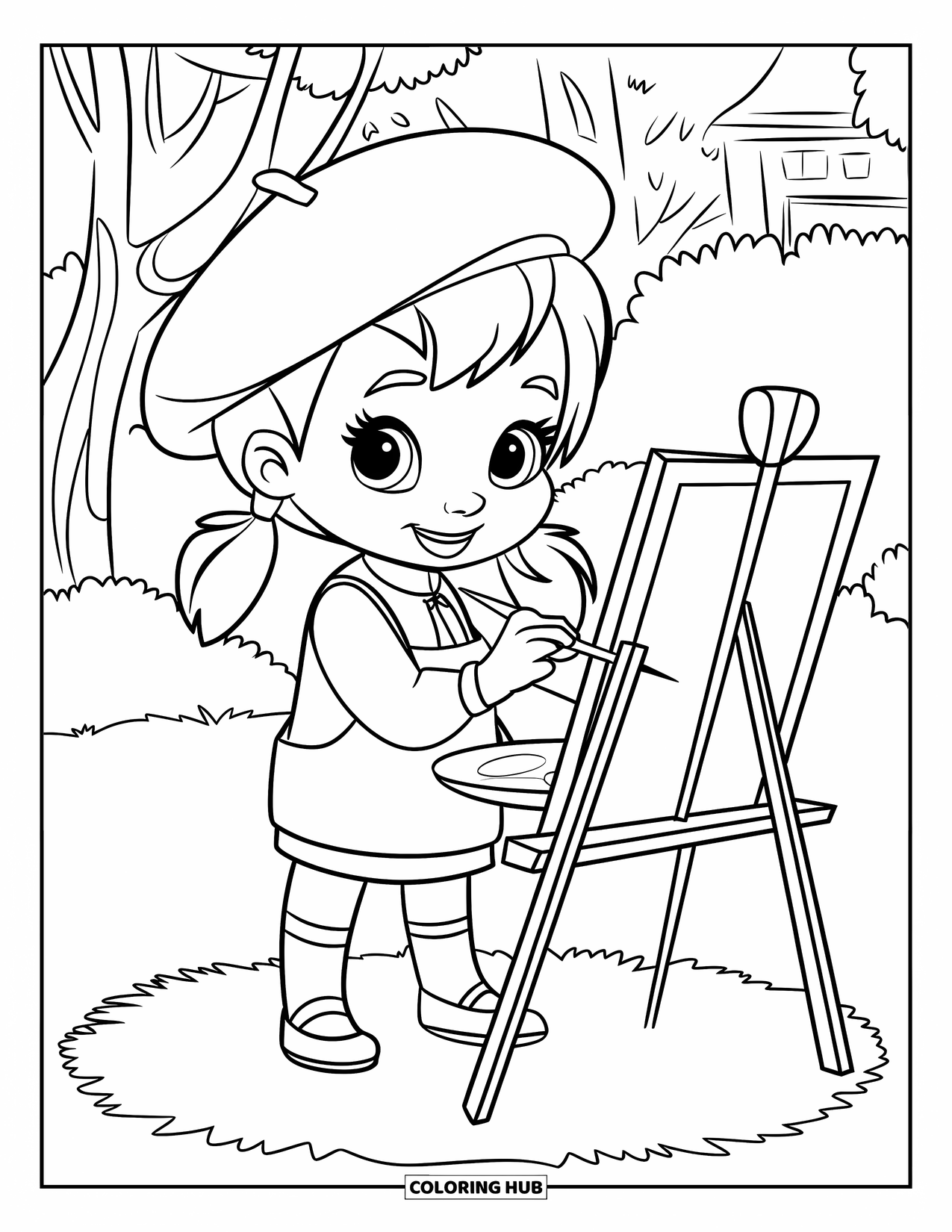 Desen de colorat cu o fată de culoare pentru copii: O fată cu beretă pictează la un șevalet pe un teren acoperit cu iarbă, lângă copaci