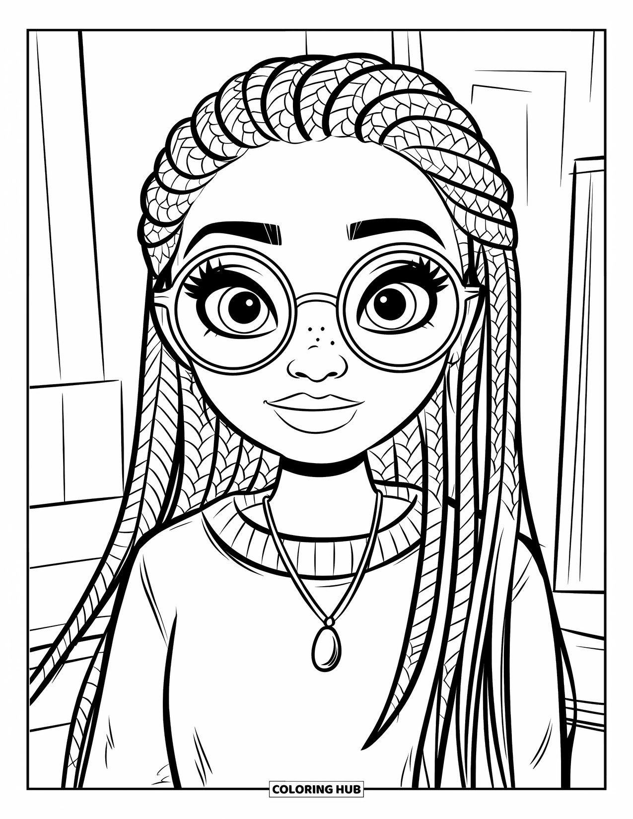 Desen de colorat cu o fată de culoare pentru copii: O fată cu împletituri și ochelari zâmbește călduros pe un fundal simplu