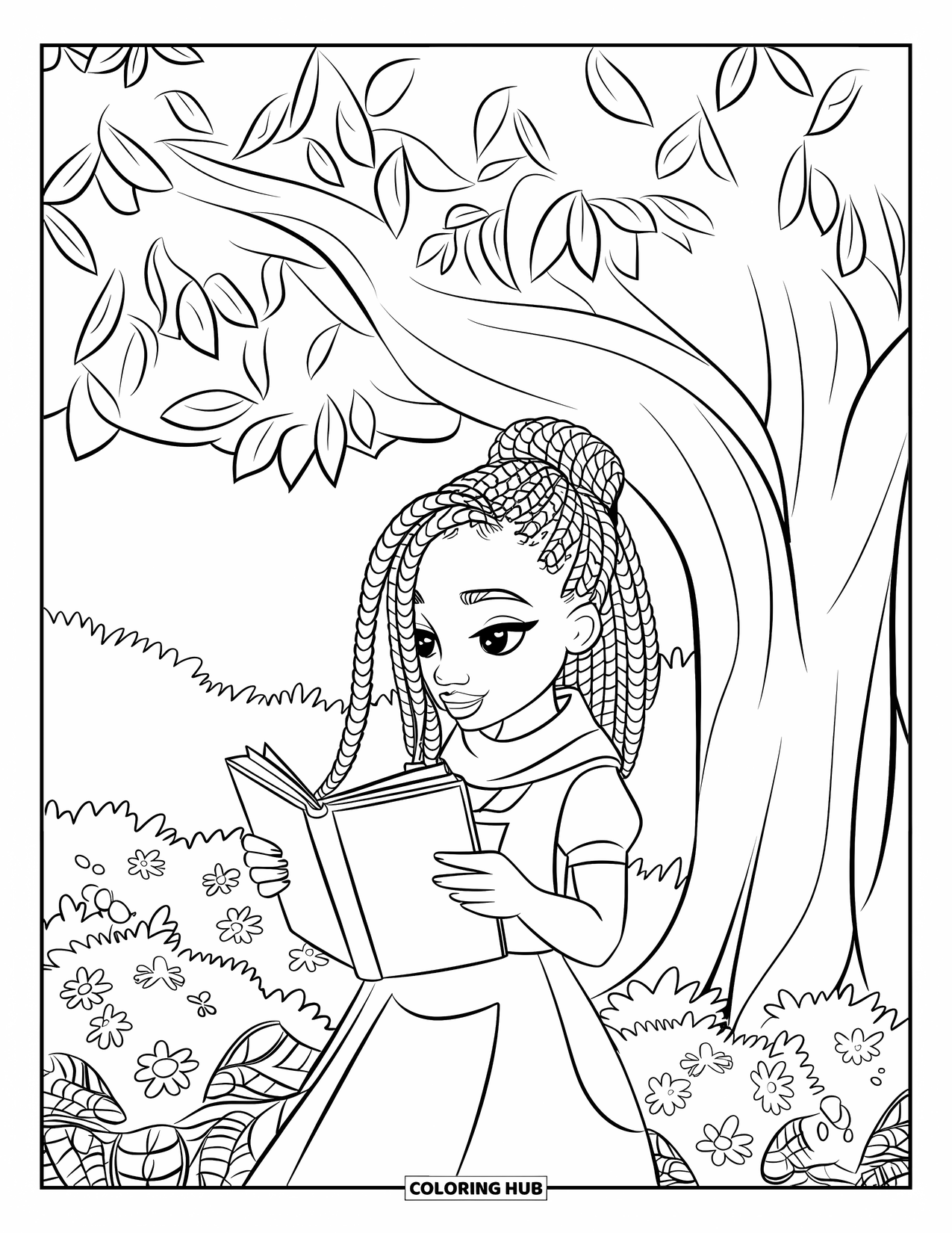 Desen de colorat cu o fată de culoare pentru copii: O fată cu împletituri citește sub copaci cu frunze într-un câmp luxuriant