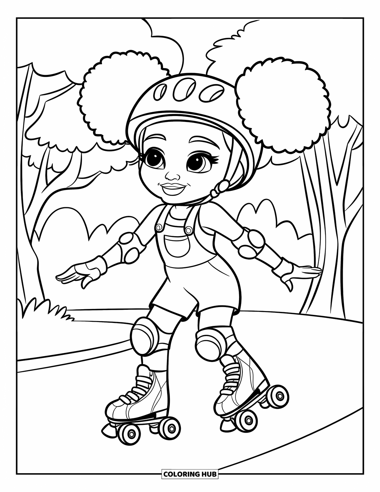 Desen de colorat cu o fată de culoare pentru copii: O fată în salopetă merge cu rolele pe o potecă mărginită de copaci