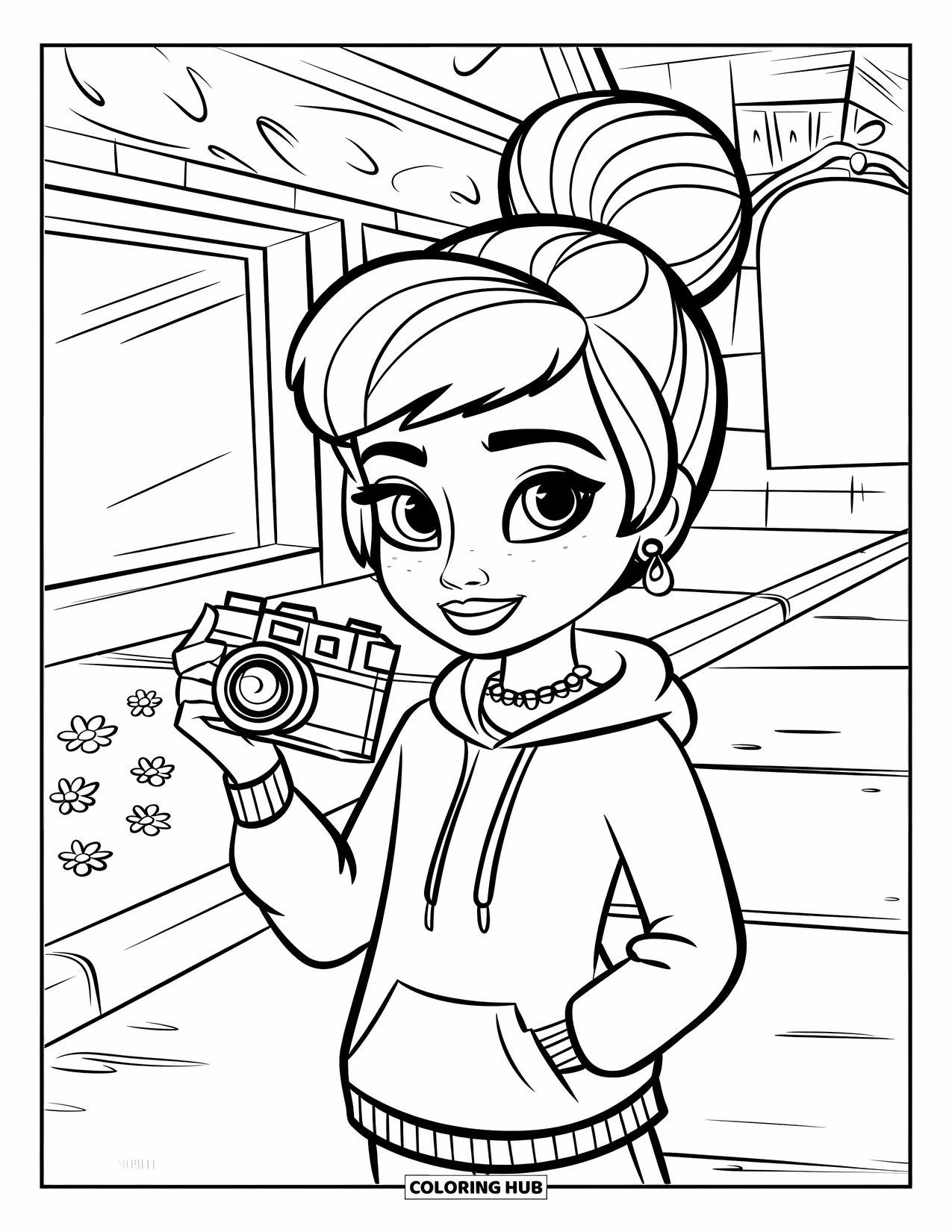 Desen de colorat cu o fată de culoare pentru copii: O fată cu o coafură afro și un aparat foto stă lângă flori și un indicator de clădire