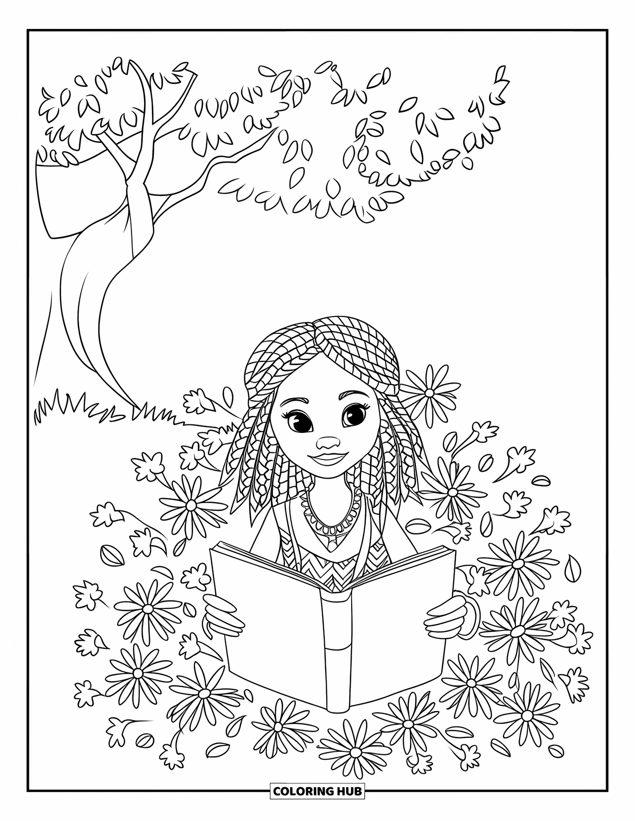 Desen de colorat cu o fată de culoare pentru copii: O fată cu împletituri box citește sub un copac mare și flori stufoase