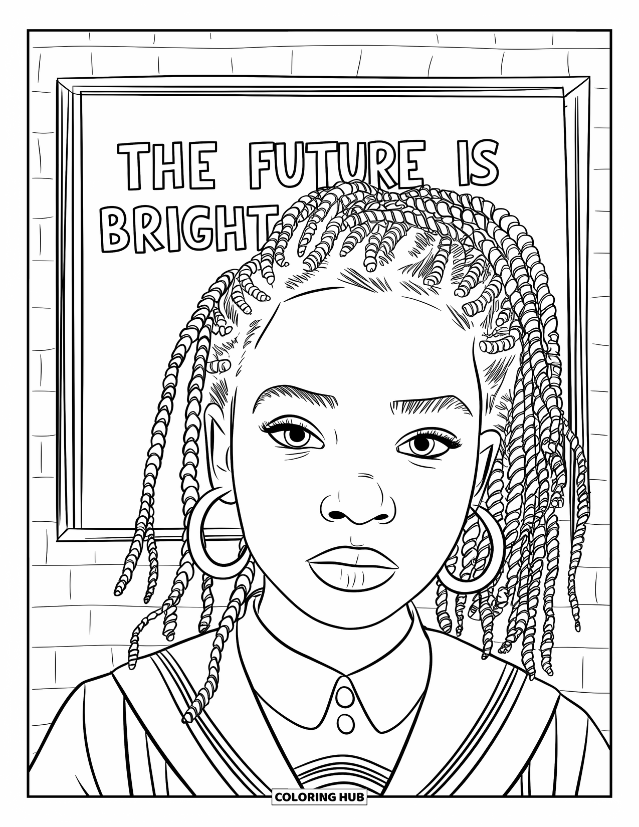 Desen de colorat cu o fată de culoare pentru copii: O fată cu împletituri jumbo stă lângă o tablă albă pe care scrie „Viitorul este luminos”