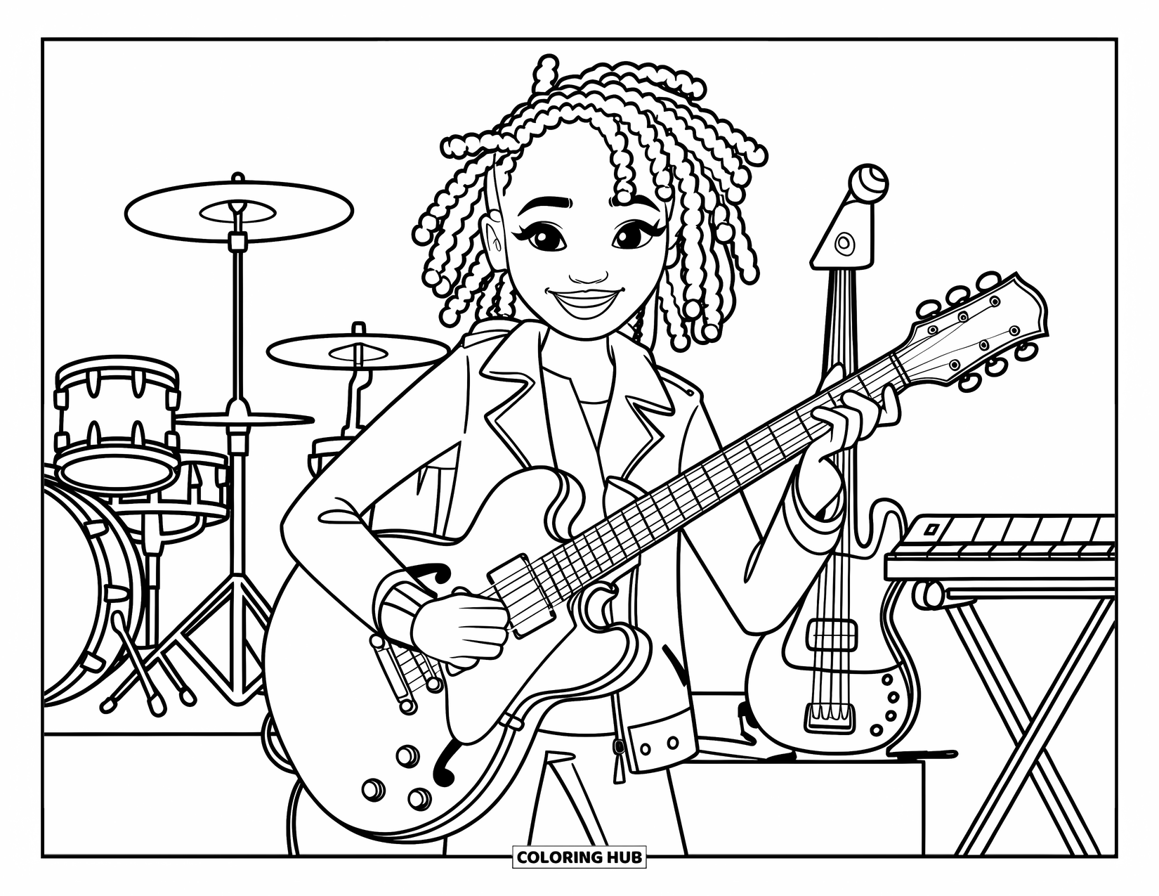 Desen de colorat cu o fată de culoare pentru copii: O fată cu dreaduri cântă pe scenă cu instrumente în jur